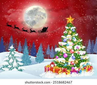 fundo do céu noturno com árvore de natal e caixas de presente, lua e a silhueta do Papai Noel voando em um trenó puxado por renas. conceito para saudação ou cartão postal, ilustração vetorial