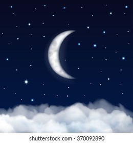 Background of night sky with moon, stars and clouds