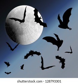Background with night sky, moon, web and bats