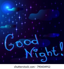 Background of the night sky with stars and clouds. good night text