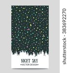 Background with night sky. stars and forest. Vector hand drawn illustration. 