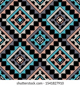 Background with Norwegian pixel snowflakes. Seamless pattern. Vector illustration for web design or print.