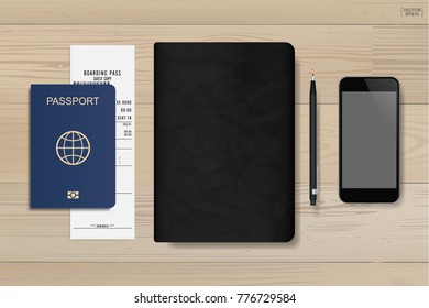 Background of notebook, passport and smartphone on wood. Background for tourism and traveling idea. Vector illustration.