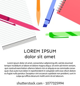 Background with notebook, pens, pencils and place for your text. Vector illustration.
