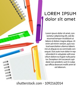 Background with notebook, pens, pencils and place for your text. Vector illustration.
