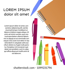 Background with notebook, pens, pencils and place for your text. Vector illustration.
