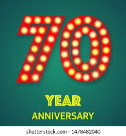 Background with number seventy and light bulbs and anniversary text