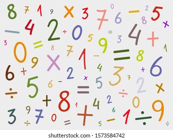 Background of numbers and math symbols. Hand drawn vector.