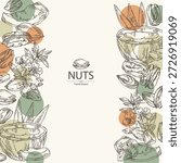 Background with nuts: almond nuts, coconut, pecan and pistachio nuts. Vector hand drawn illustration.