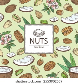 Background with nuts: almond nuts, coconut, pecan and pistachio nuts. Vector hand drawn illustration.