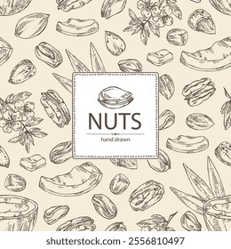 Background with nuts: almond nuts, coconut, pecan and pistachio nuts. Vector hand drawn illustration.