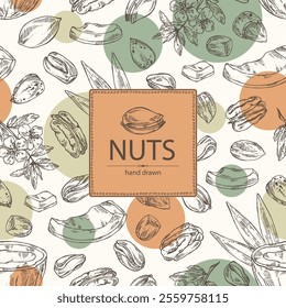 Background with nuts: almond nuts, coconut, pecan and pistachio nuts. Vector hand drawn illustration.