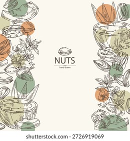 Fondo con frutos secos: almendras, coco, nueces de nuez y pistacho. Vector dibujado a mano ilustración.