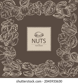Background with nuts: walnut, hazelnut, peanuts and pistachio nuts. Vector hand drawn illustration.