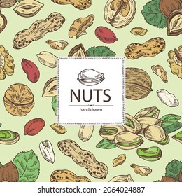 Background with nuts: walnut, hazelnut, peanuts and pistachio nuts. Vector hand drawn illustration.