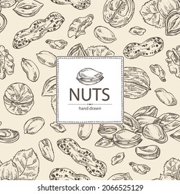 Background with nuts: walnut, hazelnut, peanuts and pistachio nuts. Vector hand drawn illustration.