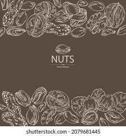 Background with nuts: walnut, hazelnut, peanuts and pistachio nuts. Vector hand drawn illustration.