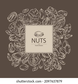Background with nuts: walnut, hazelnut, peanuts and pistachio nuts. Vector hand drawn illustration.