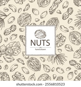 Background with nuts: walnut, hazelnut, peanuts and pine nuts. Vector hand drawn illustration.