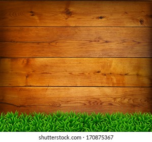 Background from oak boards with green grass. Vector illustration.