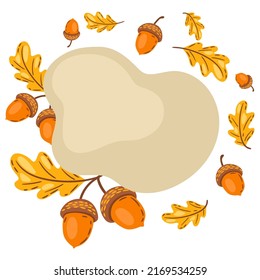 Background from oak leaves with acorns. Image of autumn plant.
