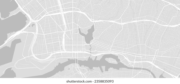 Background Oakland map, United States, white and light grey city poster. Vector map with roads and water. Widescreen proportion, digital flat design roadmap.