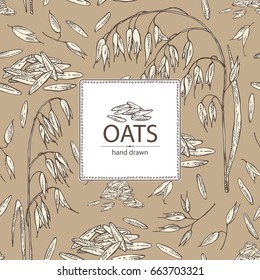 Background with oats: grain and oats plant. Vector hand drawn illustration