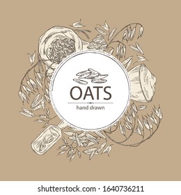 Background with oats: plate and bag with oats grain and oats plant. Vector hand drawn illustration