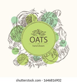 Background with oats: plate and bag with oats grain and oats plant. Vector hand drawn illustration