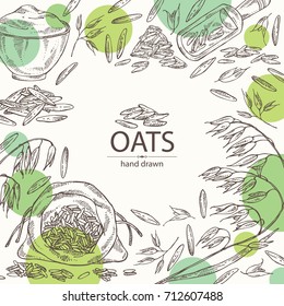 Background with oats: plate and bag with oats grain and oats plant. Vector hand drawn illustration