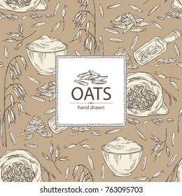 Background with oats: plate and bag with oats grain and oats plant. Vector hand drawn illustration