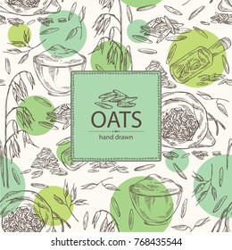 Background with oats: plate and bag with oats grain and oats plant. Vector hand drawn illustration
