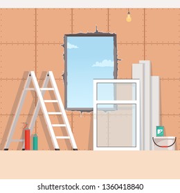 Background with objects for installing a new plastic window in the window opening. Scenery repair. Vector illustration