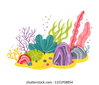 Background with ocean bottom, corals reefs, seaweed. Vector abstract illustration of an underwater landscape in a cartoon style.