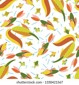 background with ocean fishes, algae on white background