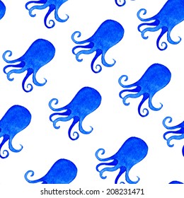 Background with an octopus.Watercolor vector template. Seamless pattern.