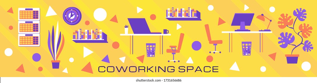 Background with office supplies fo co-working space. Branding technology concept for Coworking center.