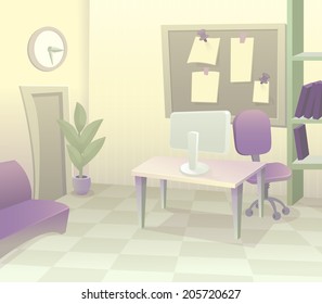 Background Office Vector. Modern Office Interior With Designer Desktop In Flat Design. Modern Business Workspace In The Office With Pastel Color Cartoon