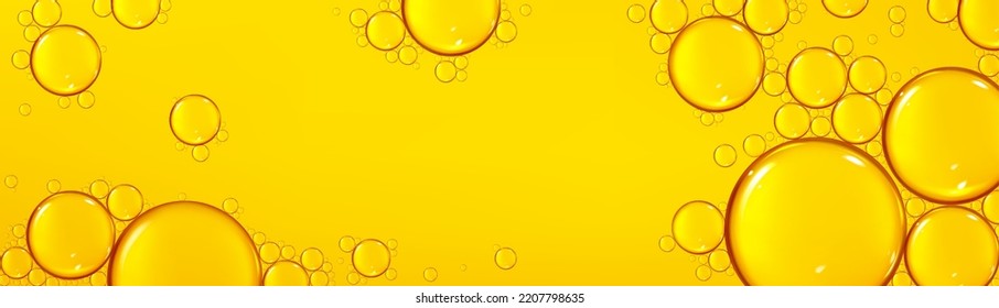 Background with oil drops texture, yellow omega bubbles, gold liquid transparent droplets. Template for skincare essential product with dribs of different shapes Realistic 3d vector honey, syrup blobs