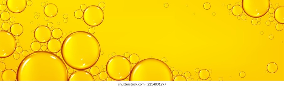 Background with oil drops texture, yellow omega bubbles, gold liquid transparent droplets. Template for skincare essential product with dribs of different shapes Realistic 3d vector honey, syrup blobs