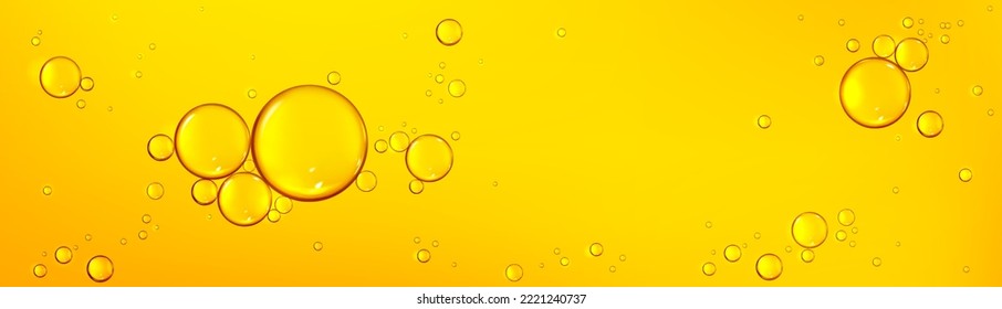 Background with oil drops texture, yellow omega bubbles, gold liquid transparent droplets. Template for skincare essential product with dribs of different shapes Realistic 3d vector honey, syrup blobs