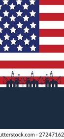 Antecedentes plataforma de petróleo y gas en el mar con plataforma. Bandera de fondo de americana. Estados Unidos de América