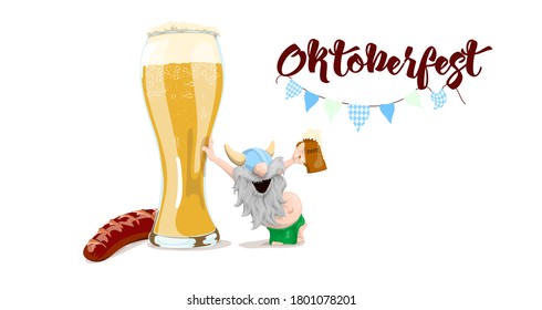 Background with Oktoberfest logo lettering, Festive garland of Bunting of the Bavarian checkered Blue flag . German beer festival Oktoberfest.