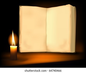 Background with old book, candle and a candle. Vector illustration.