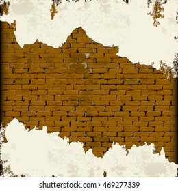 Background old brick wall with cracked and crumbling plaster, the image display as a frame, you can place any text or image.