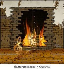 background old brick wall with a fireplace with gold musical notes out of the fire. You can use text or image.