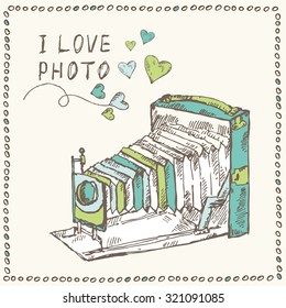 Background with old camera , hand drawn 