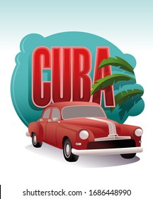 
background of old car with palm leaves of the city of Havana Cuba