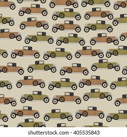 Background old cartoon retro car. Pattern Vector old vintage truck.
