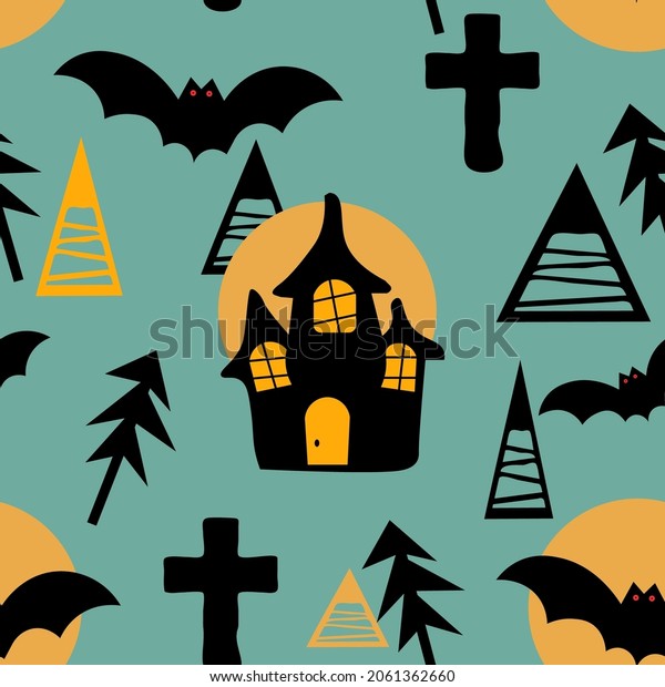 \
background old castle,\
crosses, bats, seamless pattern repeat print background. Vector\
illustration. Great for kids and home decor projects. Surface\
design.